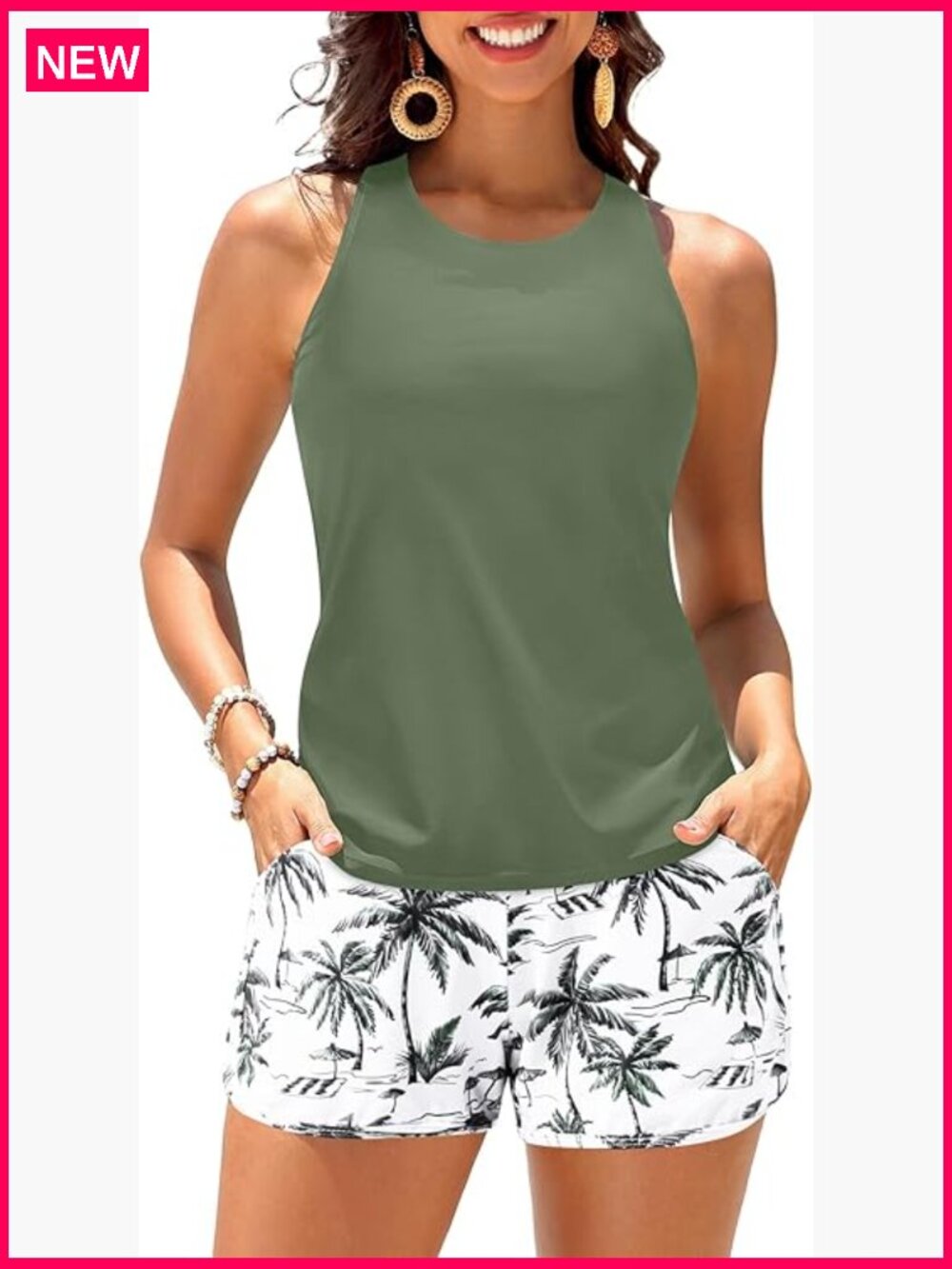 Tummy Control Tankini Two Piece with Shorts High Neck Swimwear